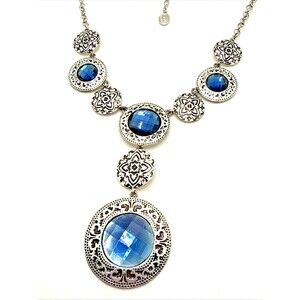 SCROLL and VINE Blue Rhinestone Pendant Necklace Victorian Revival Antique Tone